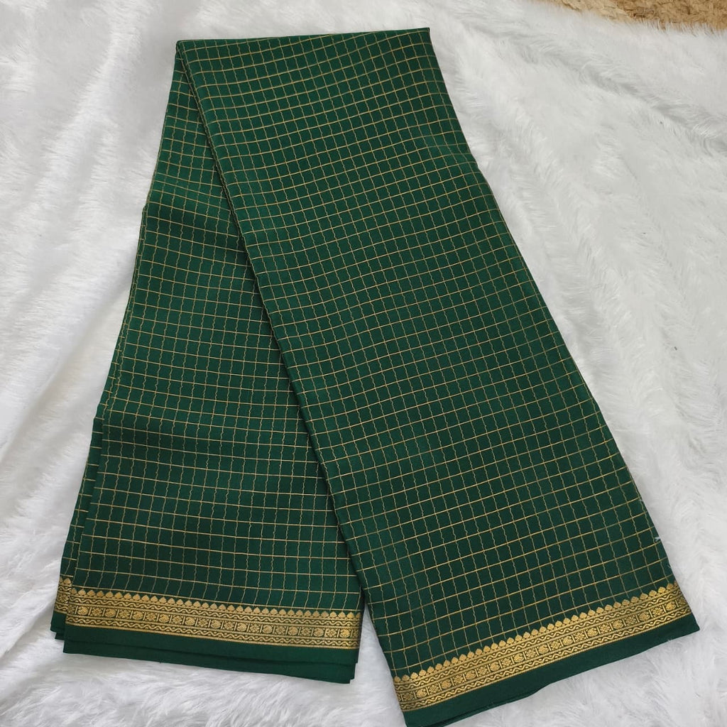Pure Mysore Crepe Silk Saree – Dark Green with small checks