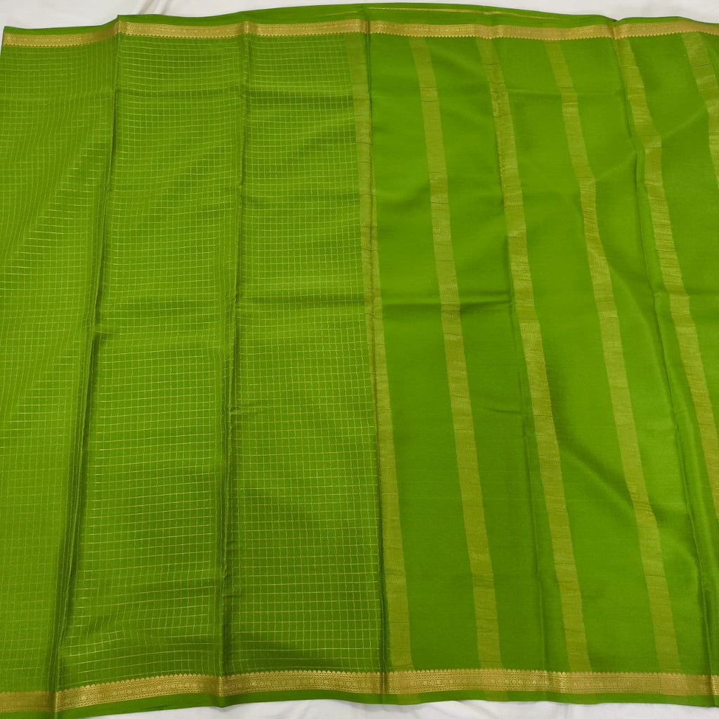 Pure Mysore Crepe Silk Saree – Parrot Green with small checks
