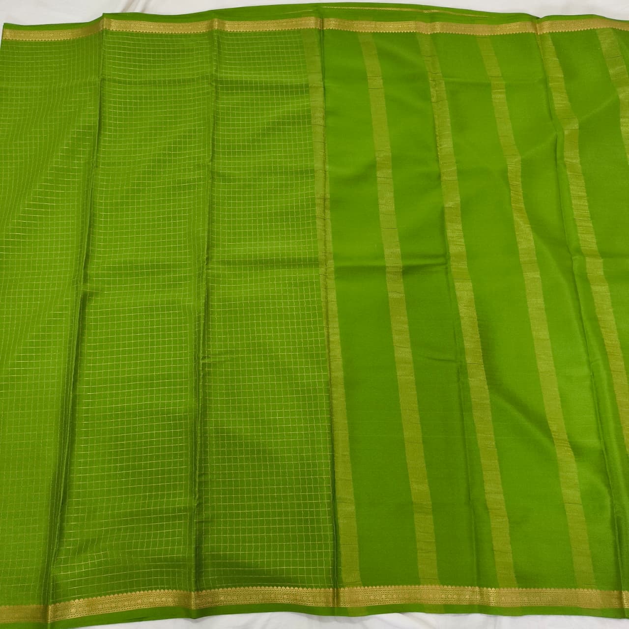 Pure Mysore Crepe Silk Saree – Parrot Green with small checks