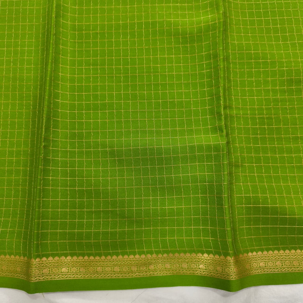 Pure Mysore Crepe Silk Saree – Parrot Green with small checks