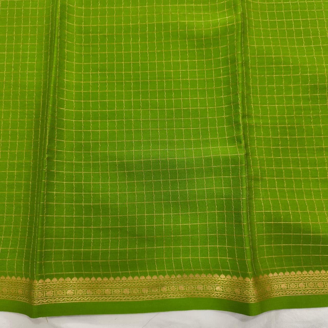 Pure Mysore Crepe Silk Saree – Parrot Green with small checks