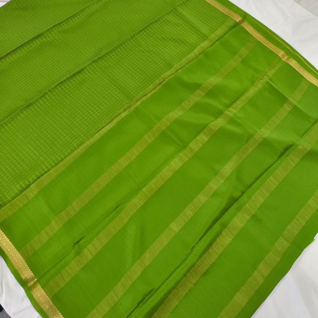 Pure Mysore Crepe Silk Saree – Parrot Green with small checks