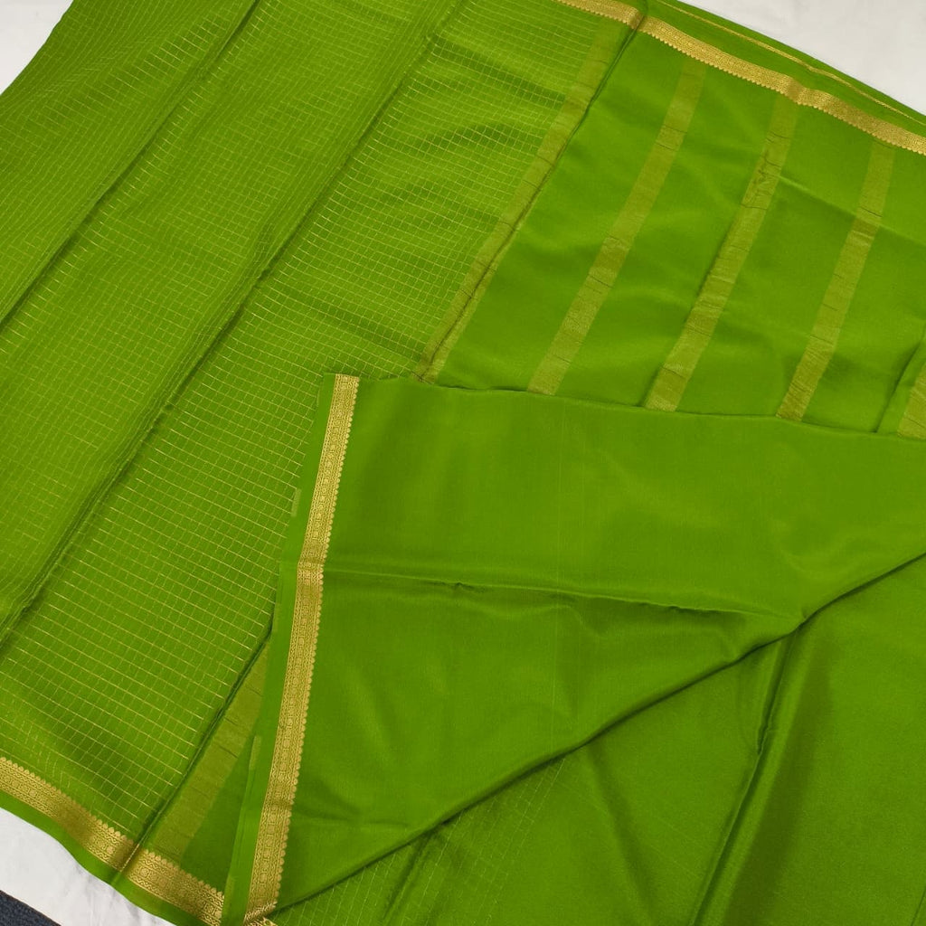 Pure Mysore Crepe Silk Saree – Parrot Green with small checks