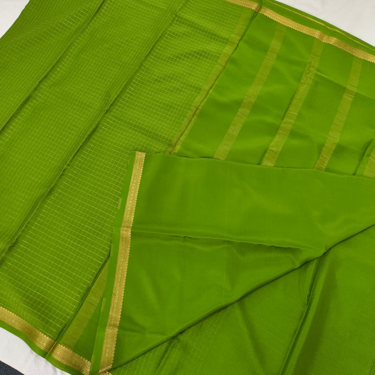 Pure Mysore Crepe Silk Saree – Parrot Green with small checks