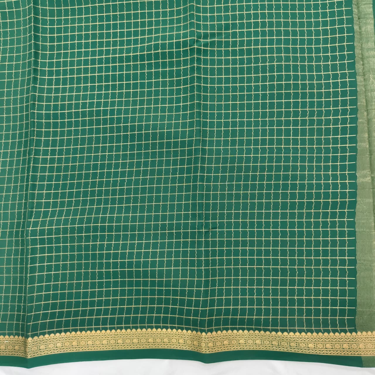 Pure Mysore Crepe Silk Saree – Dark Green with small checks