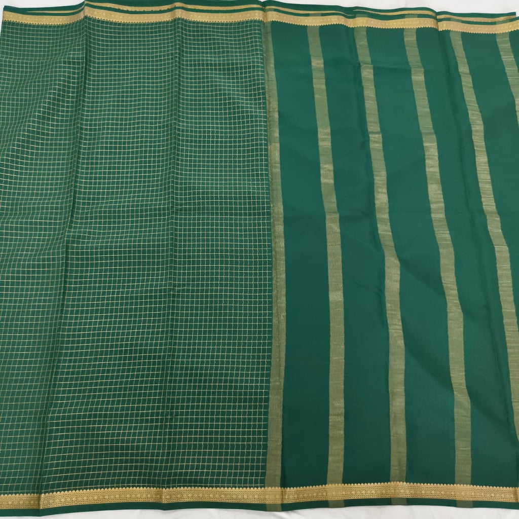 Pure Mysore Crepe Silk Saree – Dark Green with small checks