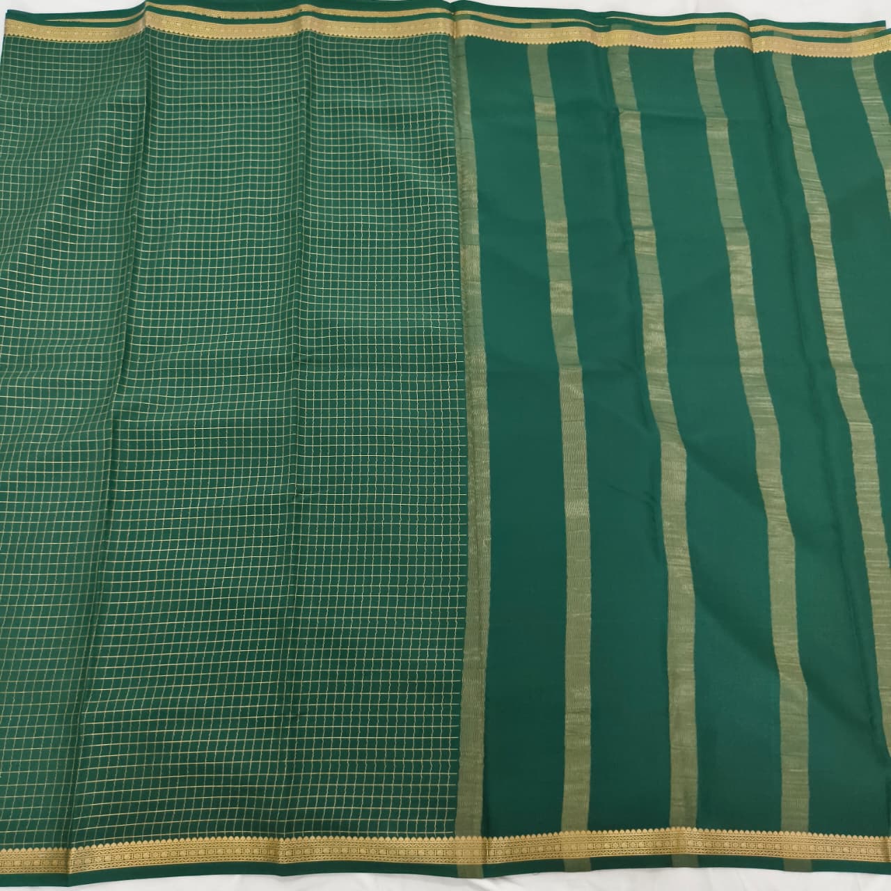 Pure Mysore Crepe Silk Saree – Dark Green with small checks