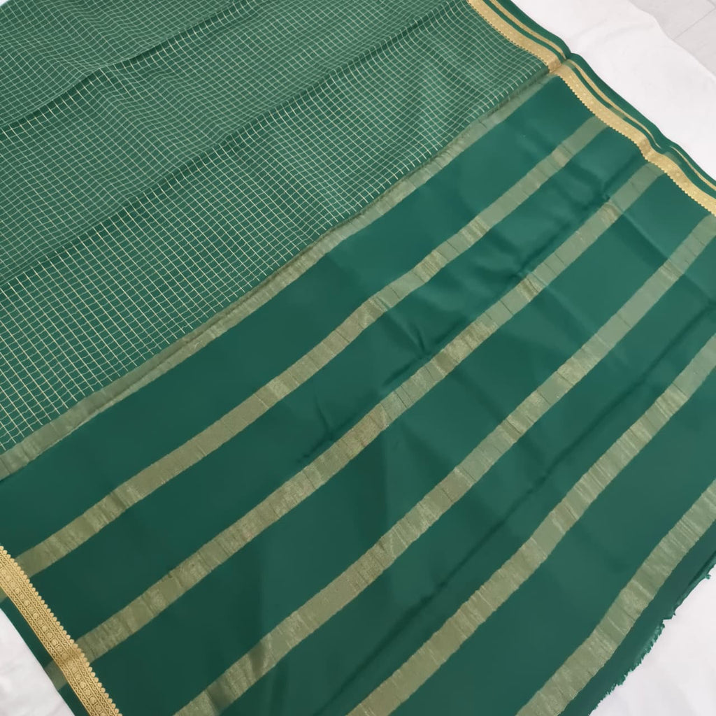 Pure Mysore Crepe Silk Saree – Dark Green with small checks