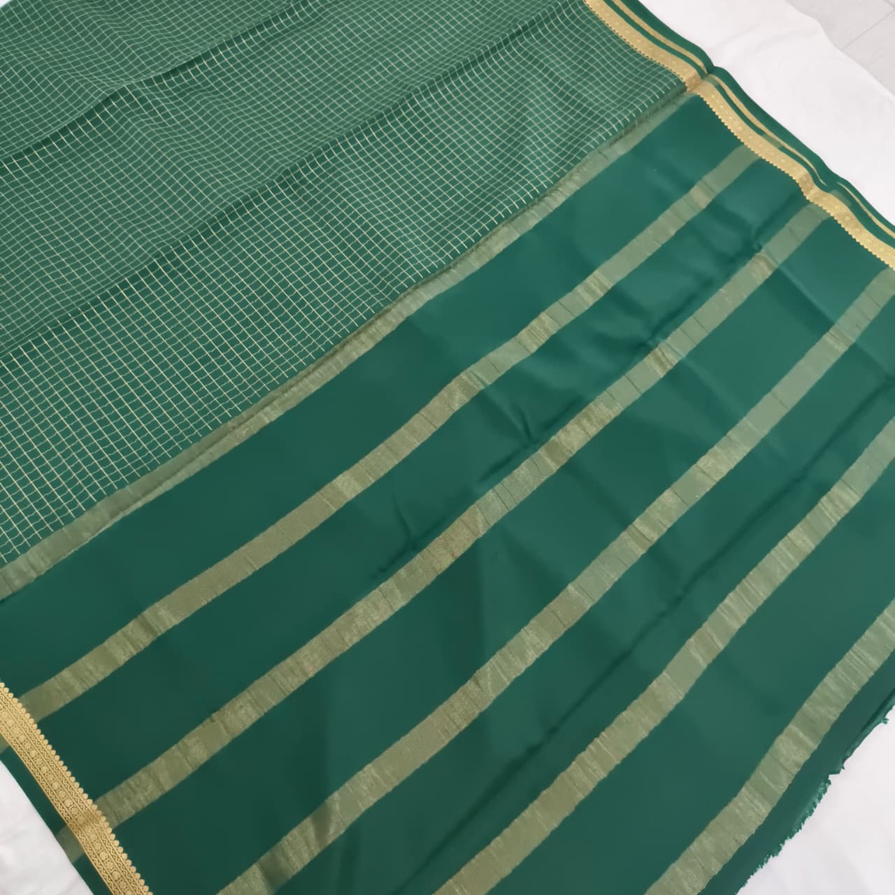 Pure Mysore Crepe Silk Saree – Dark Green with small checks