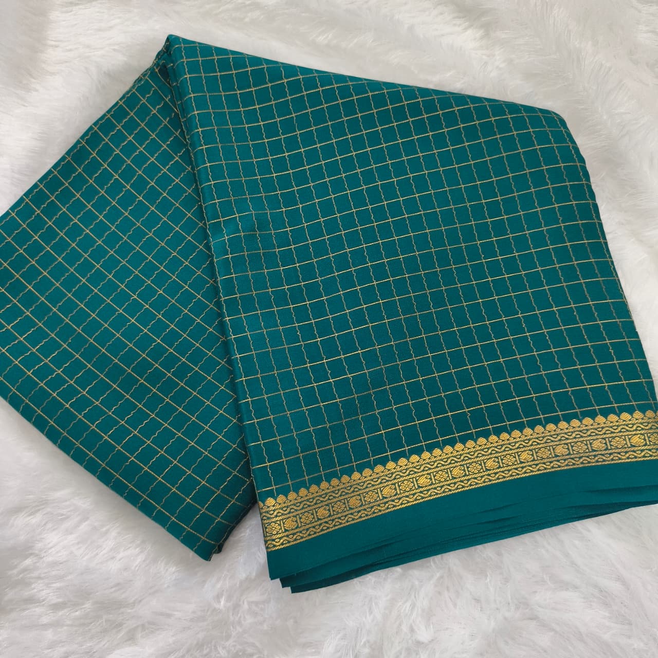 Pure Mysore Crepe Silk Saree – Peacock Blue with small checks