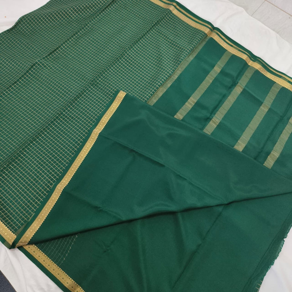 Pure Mysore Crepe Silk Saree – Dark Green with small checks