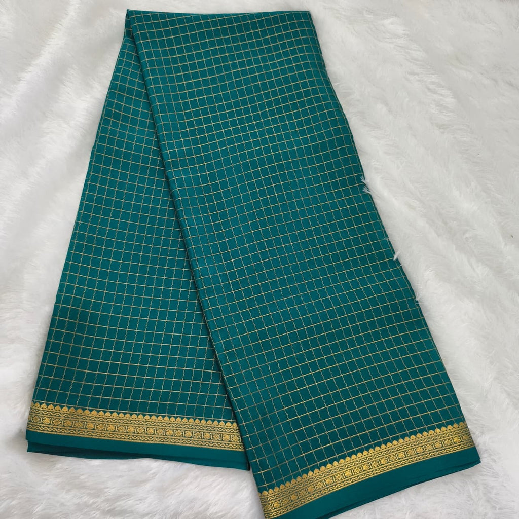 Pure Mysore Crepe Silk Saree – Peacock Blue with small checks
