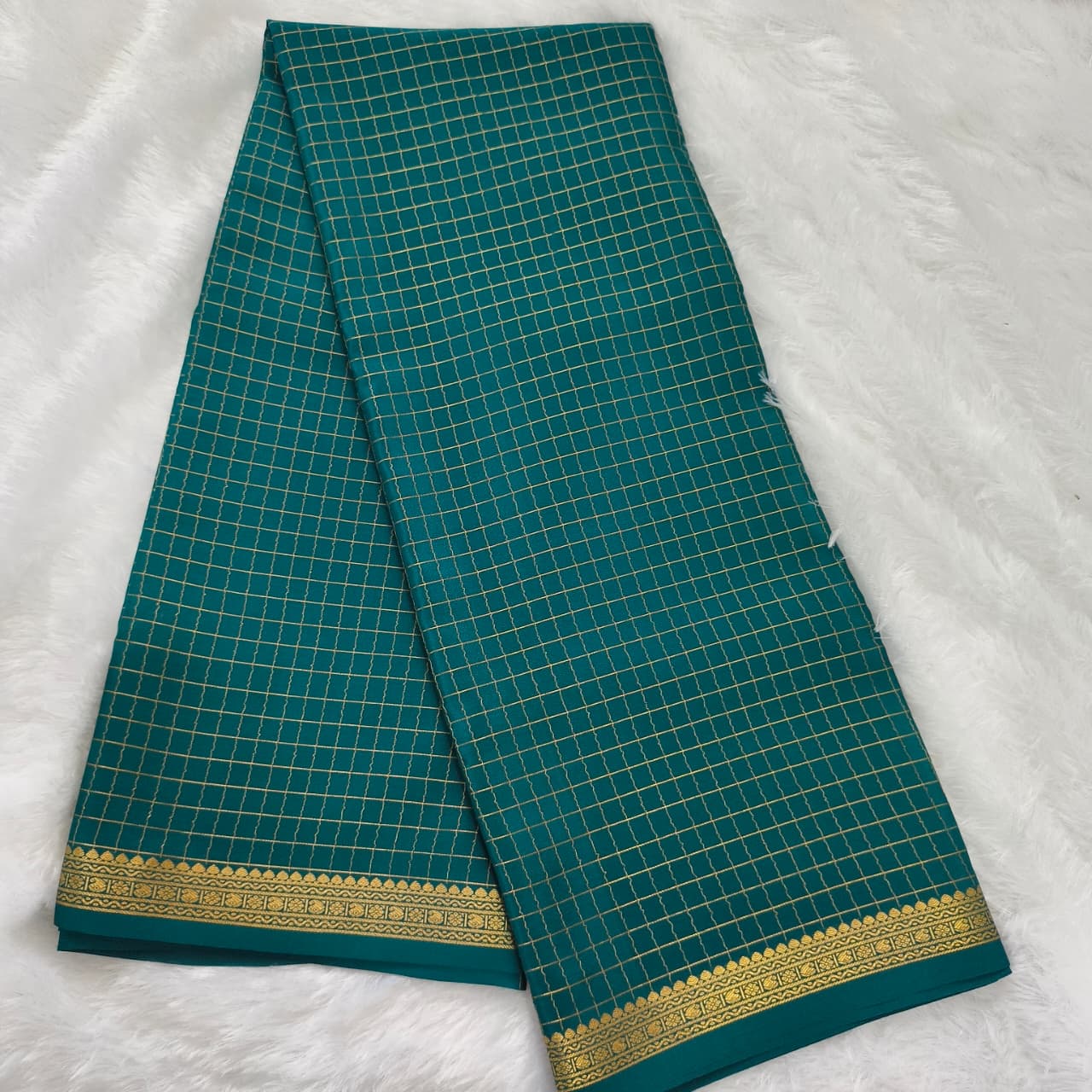 Pure Mysore Crepe Silk Saree – Peacock Blue with small checks