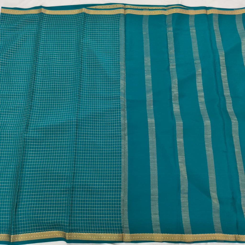 Pure Mysore Crepe Silk Saree – Peacock Blue with small checks