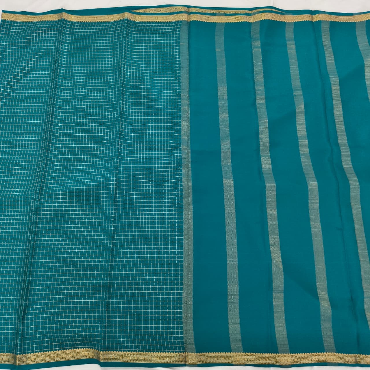 Pure Mysore Crepe Silk Saree – Peacock Blue with small checks