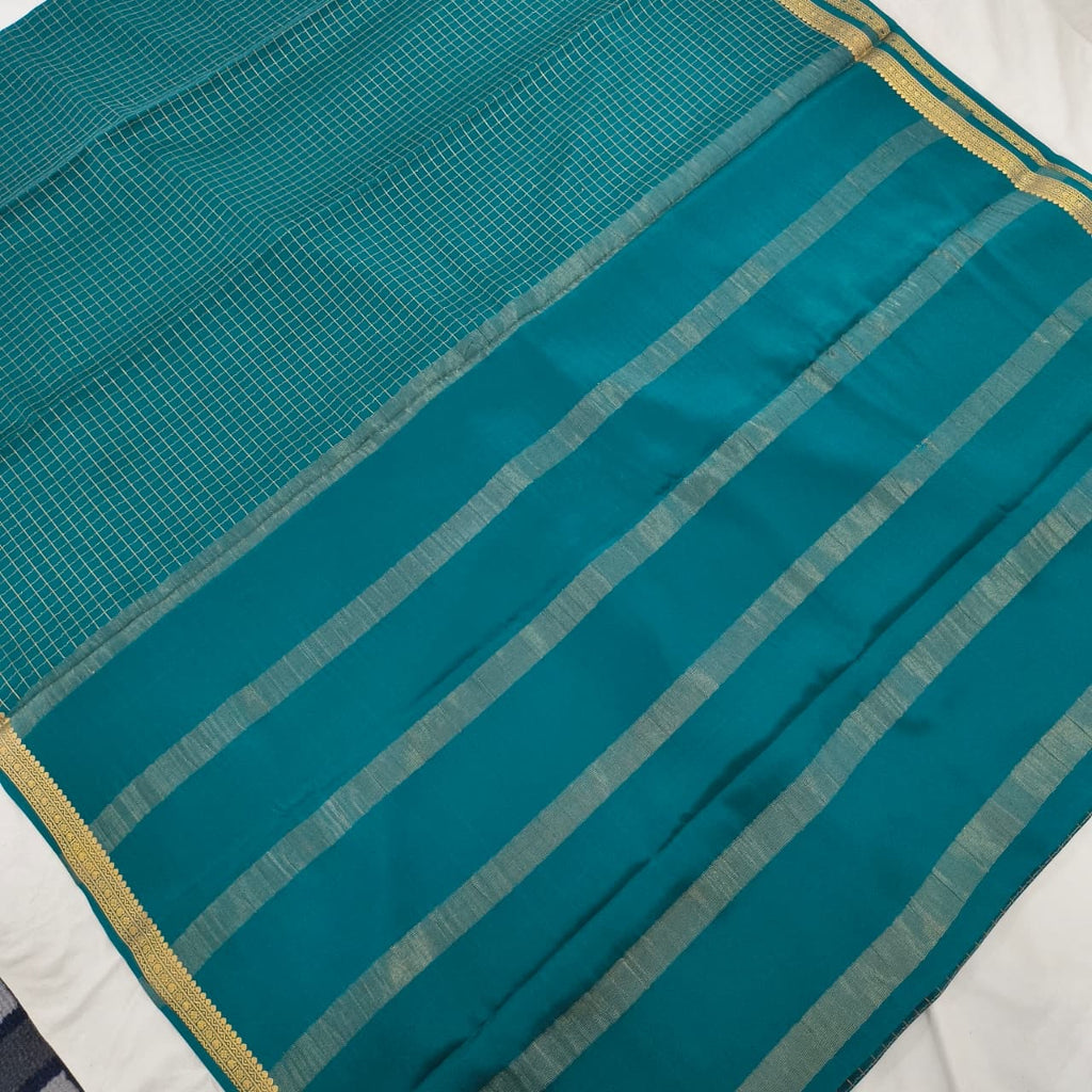 Pure Mysore Crepe Silk Saree – Peacock Blue with small checks