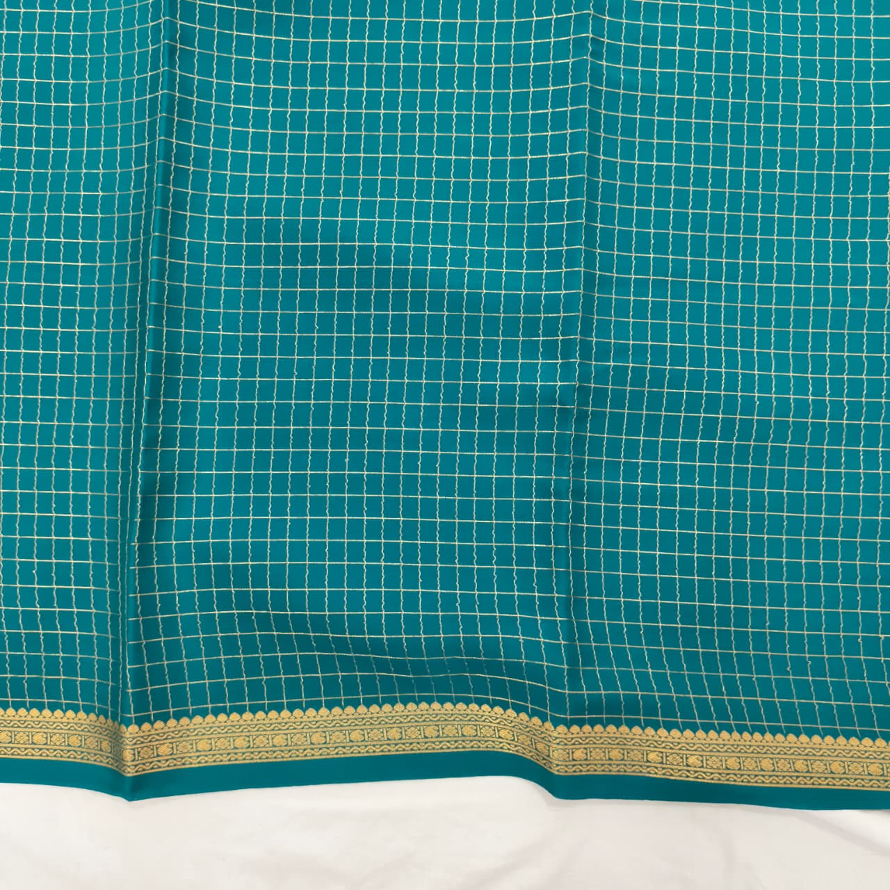 Pure Mysore Crepe Silk Saree – Peacock Blue with small checks