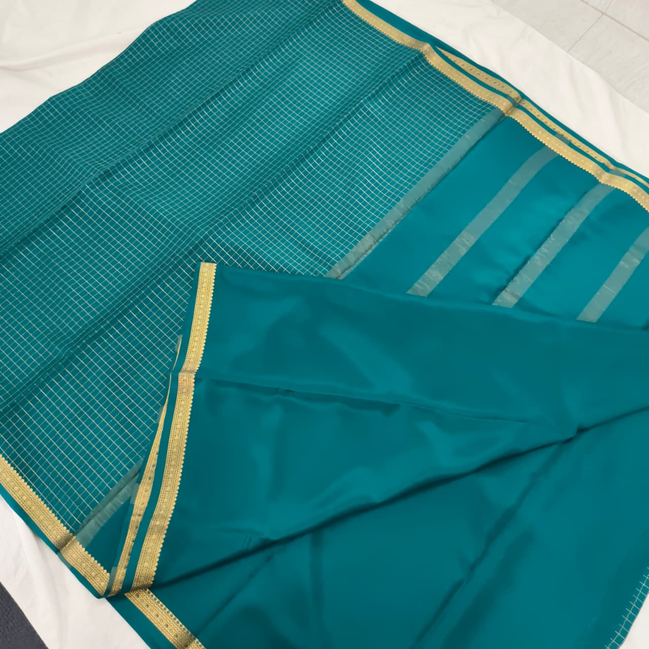 Pure Mysore Crepe Silk Saree – Peacock Blue with small checks