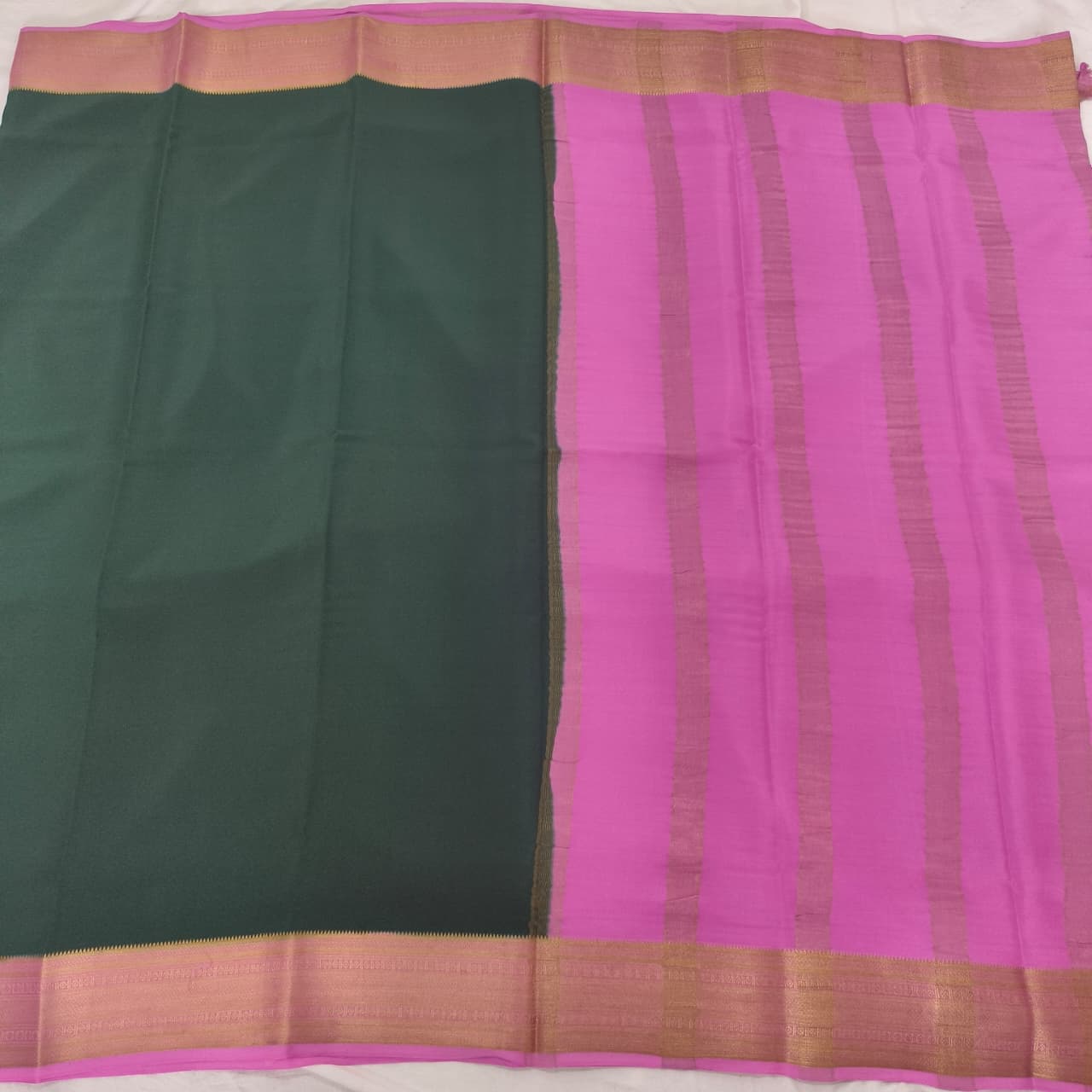 Pure Mysore Crepe Silk Saree – Bottle Green with Pink Contrast