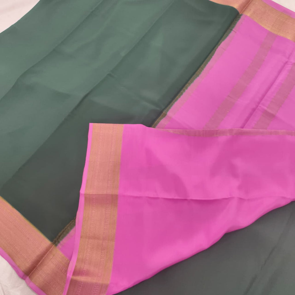 Pure Mysore Crepe Silk Saree – Bottle Green with Pink Contrast