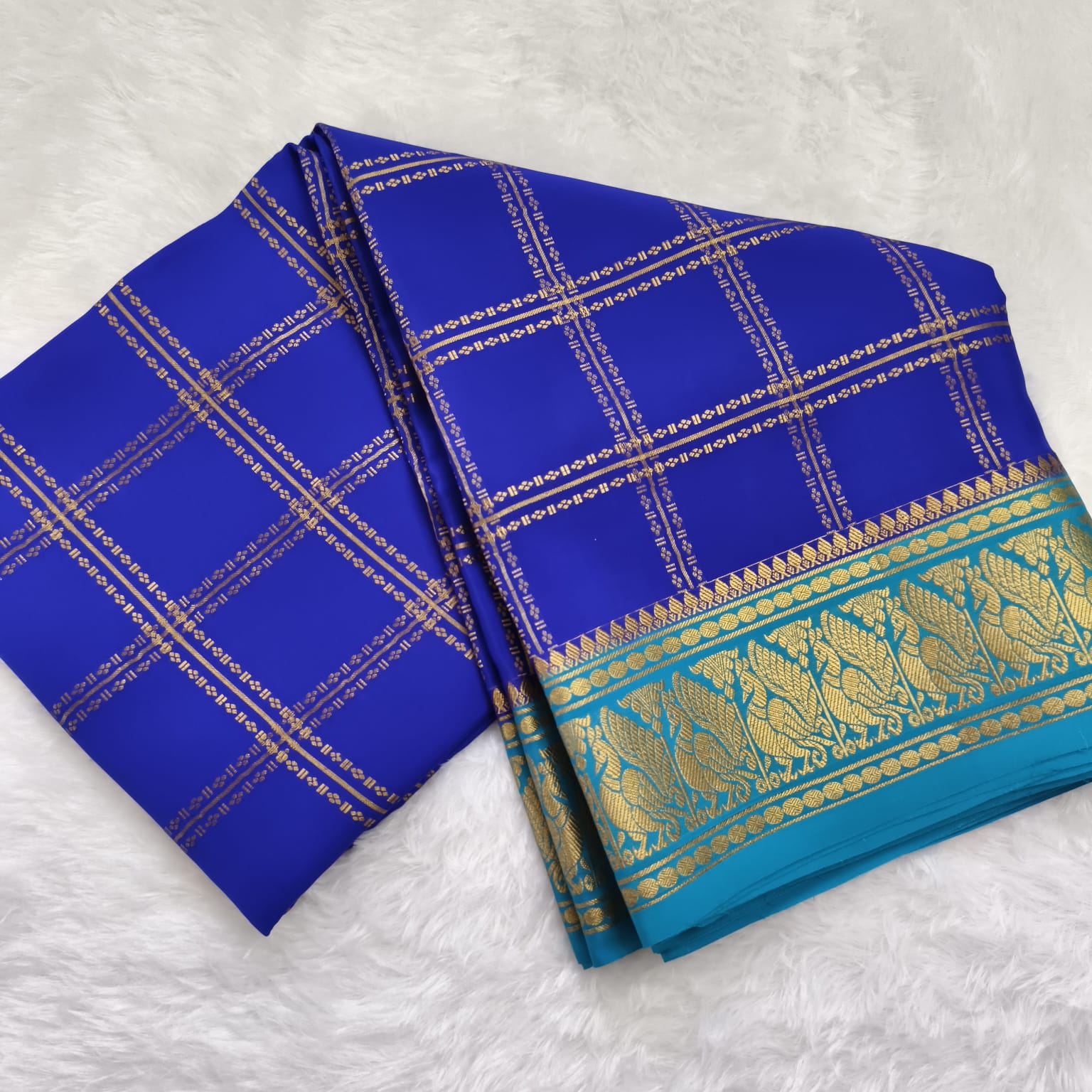 Pure Mysore Crepe Silk Saree – Royal Blue with Sky Blue Contrast