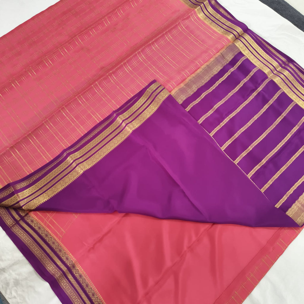 Pure Mysore Crepe Silk Saree – Light Pink with Wine Contrast