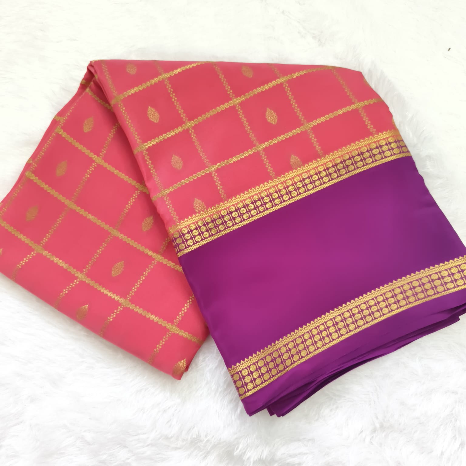 Pure Mysore Crepe Silk Saree – Light Pink with Wine Contrast