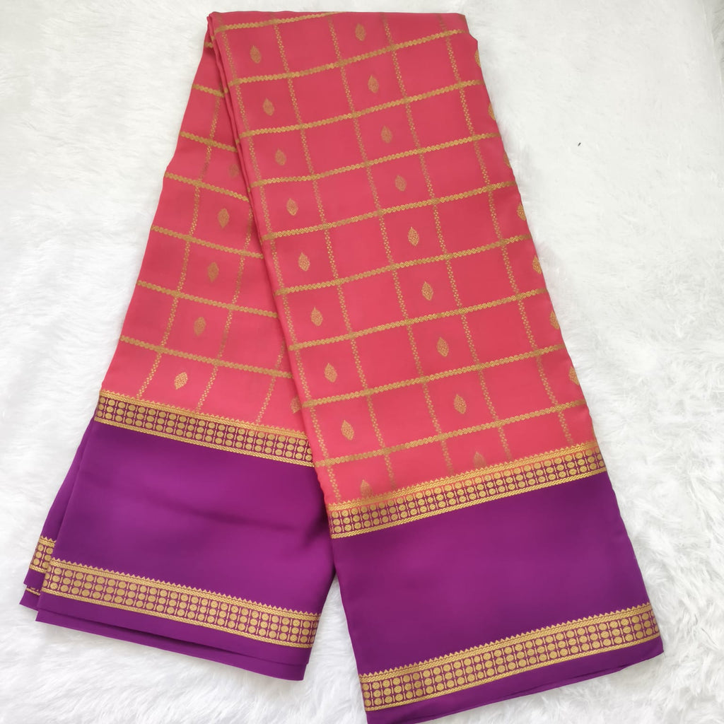 Pure Mysore Crepe Silk Saree – Light Pink with Wine Contrast
