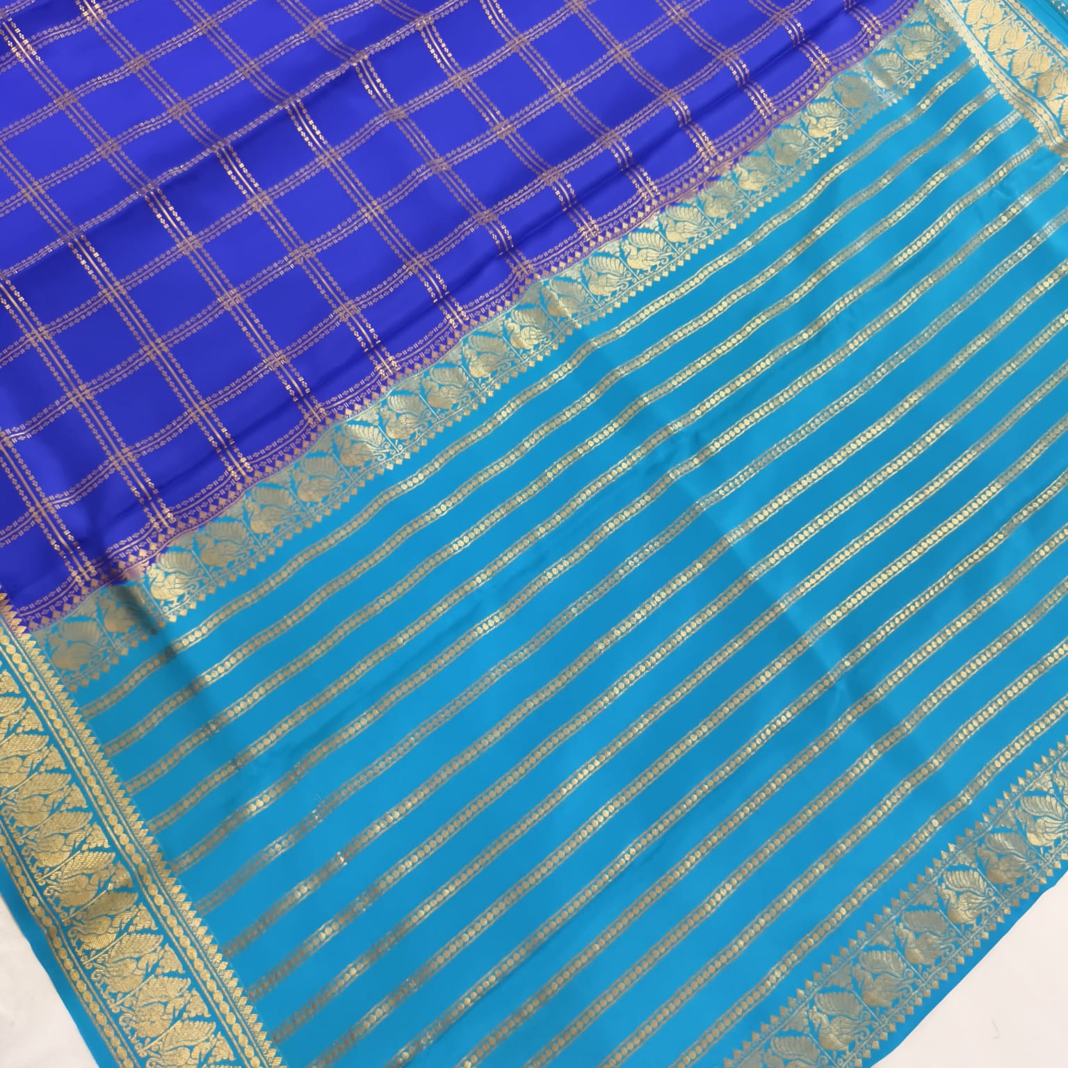 Pure Mysore Crepe Silk Saree – Royal Blue with Sky Blue Contrast