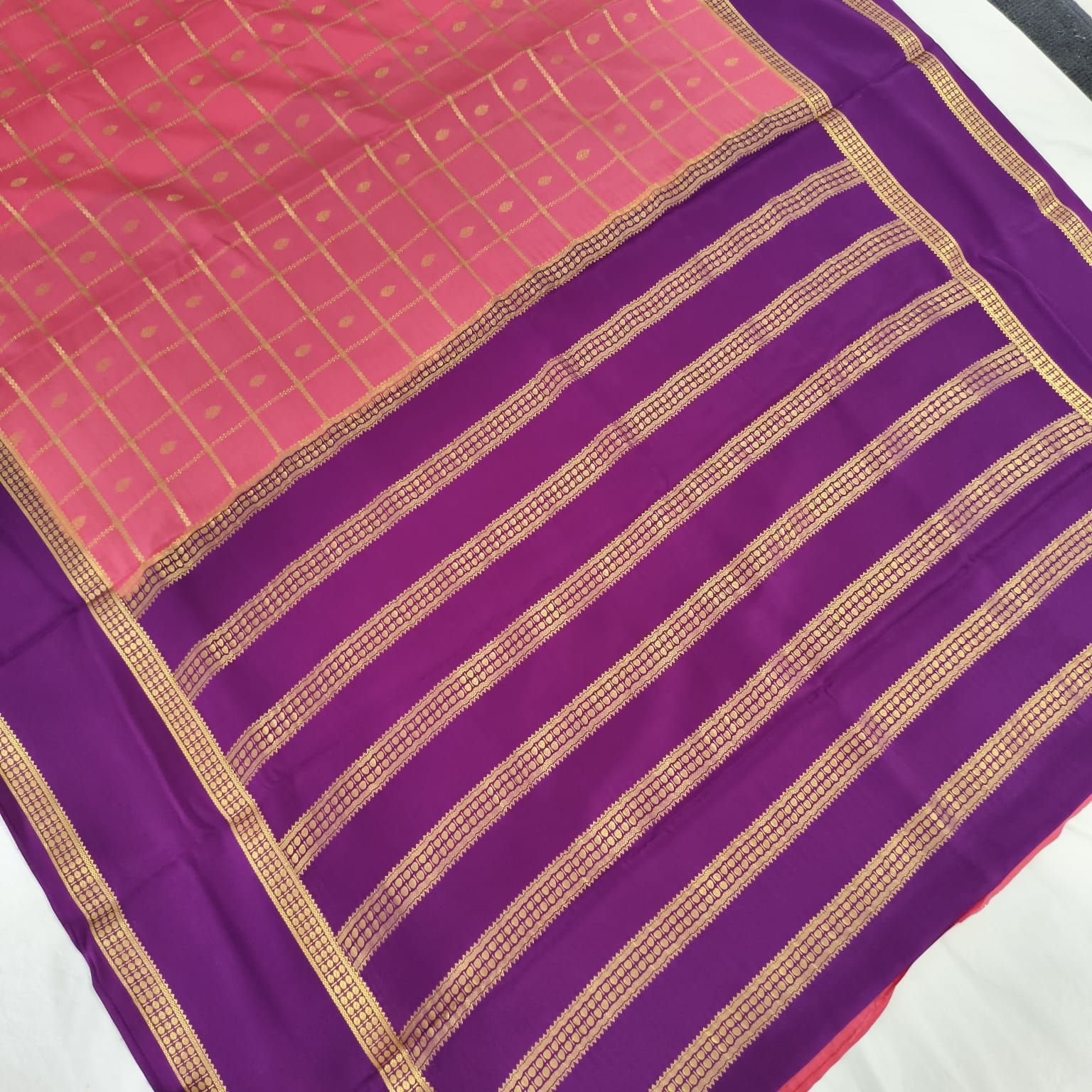 Pure Mysore Crepe Silk Saree – Light Pink with Wine Contrast