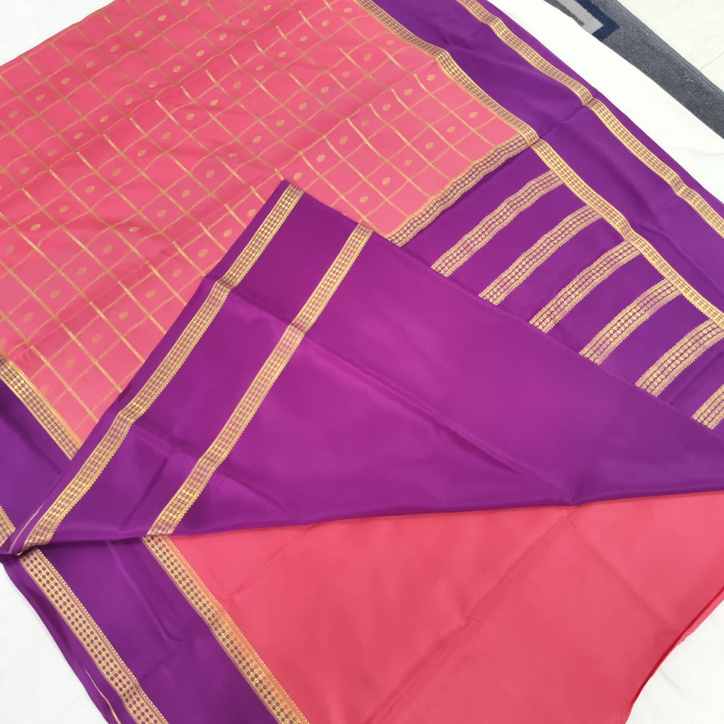 Pure Mysore Crepe Silk Saree – Light Pink with Wine Contrast