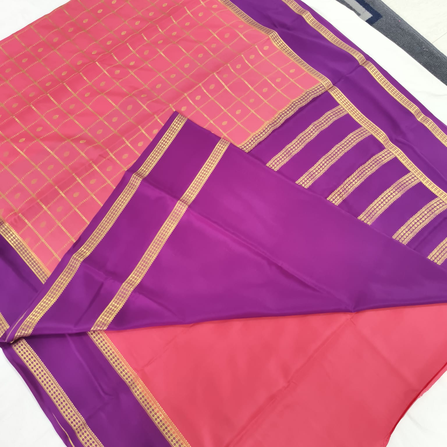 Pure Mysore Crepe Silk Saree – Light Pink with Wine Contrast