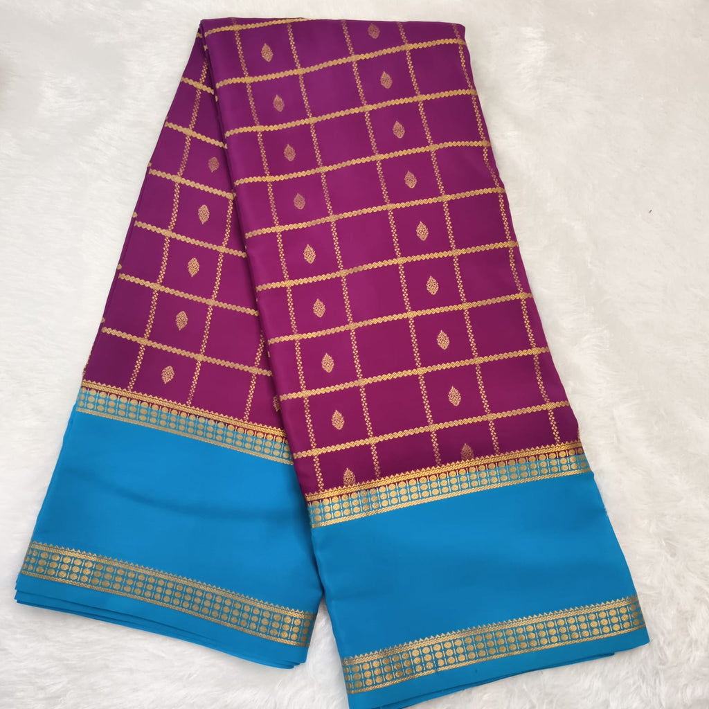 Pure Mysore Crepe Silk Saree – Wine with Sky Blue Contrast
