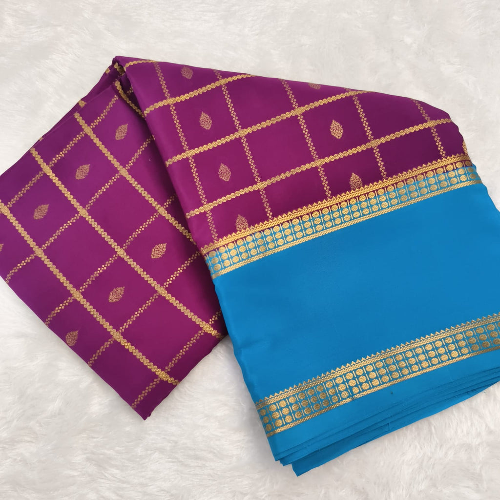Pure Mysore Crepe Silk Saree – Wine with Sky Blue Contrast