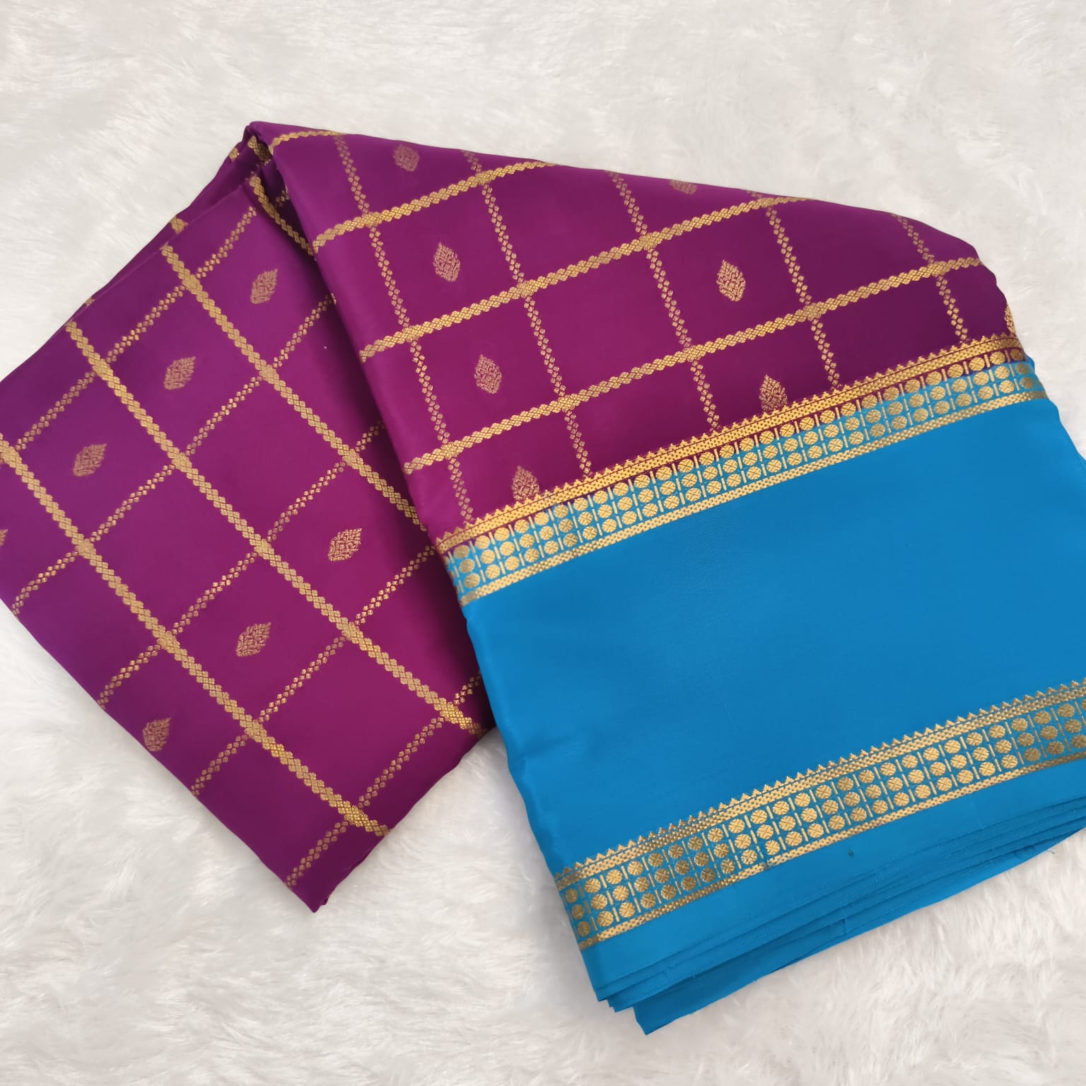 Pure Mysore Crepe Silk Saree – Wine with Sky Blue Contrast