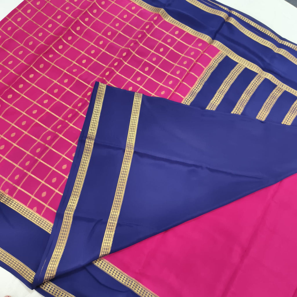 Pure Mysore Crepe Silk Saree – Magenta with Navy Blue Contrast
