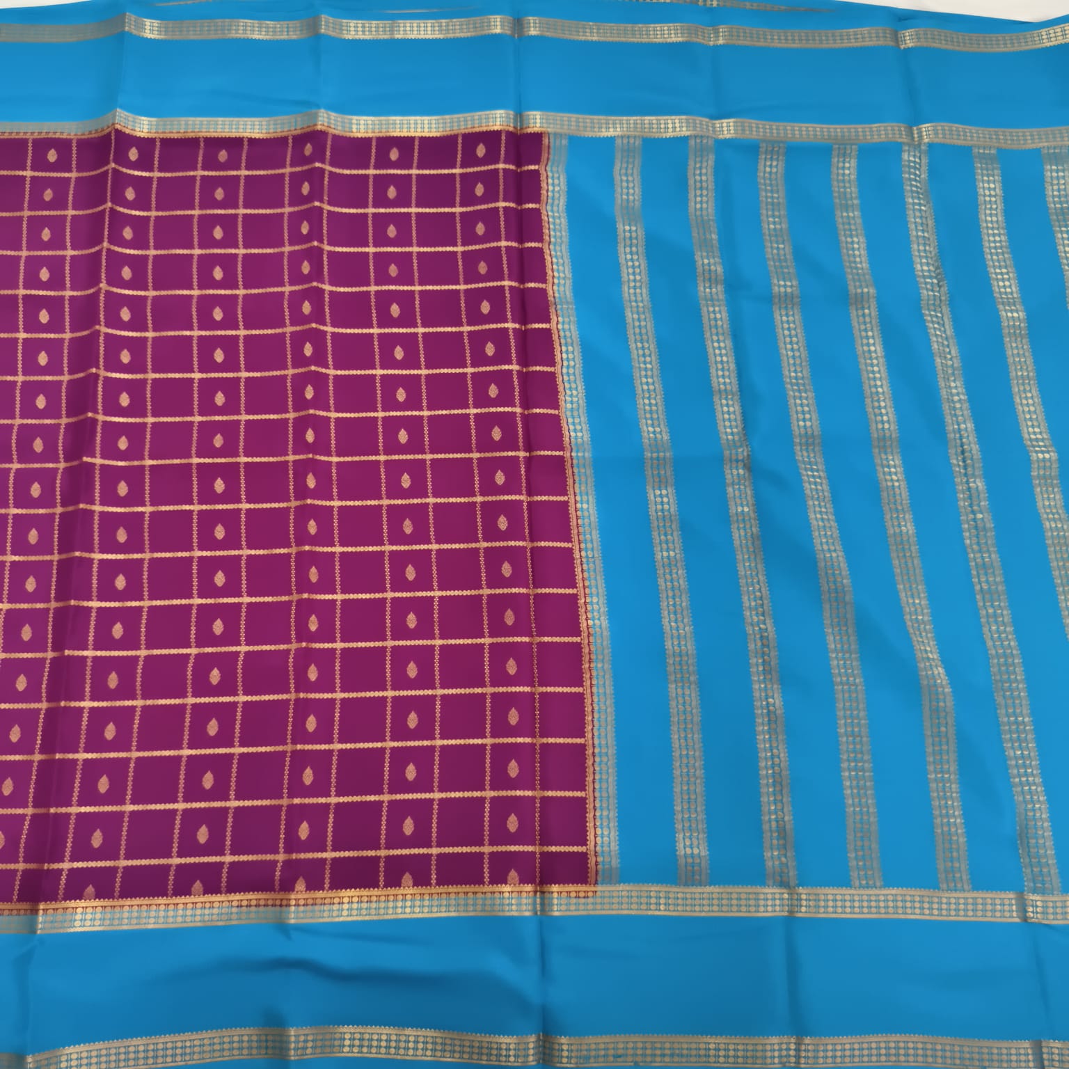Pure Mysore Crepe Silk Saree – Wine with Sky Blue Contrast