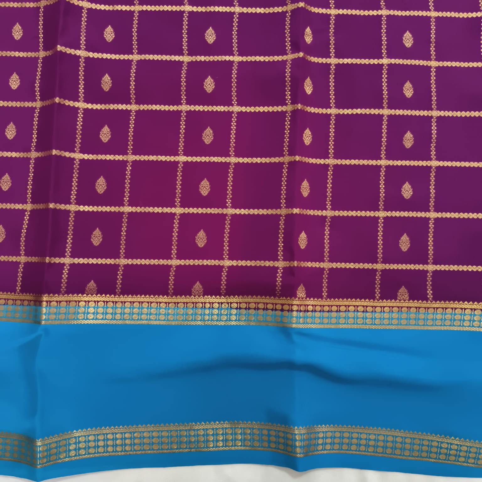 Pure Mysore Crepe Silk Saree – Wine with Sky Blue Contrast