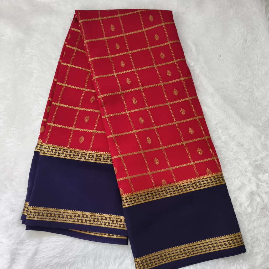 Pure Mysore Crepe Silk Saree – Red with Navy Blue Contrast