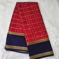 Pure Mysore Crepe Silk Saree – Red with Navy Blue Contrast