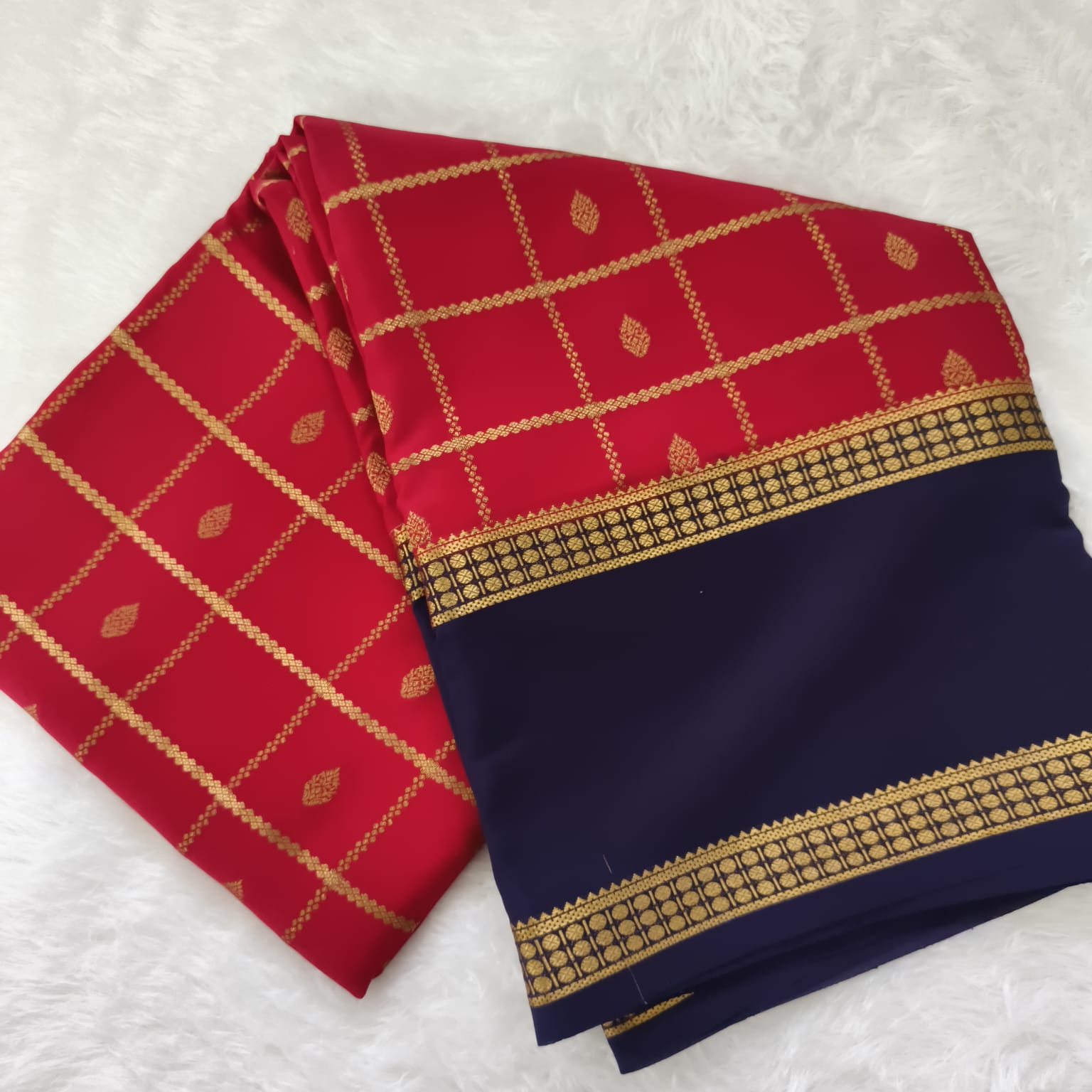 Pure Mysore Crepe Silk Saree – Red with Navy Blue Contrast