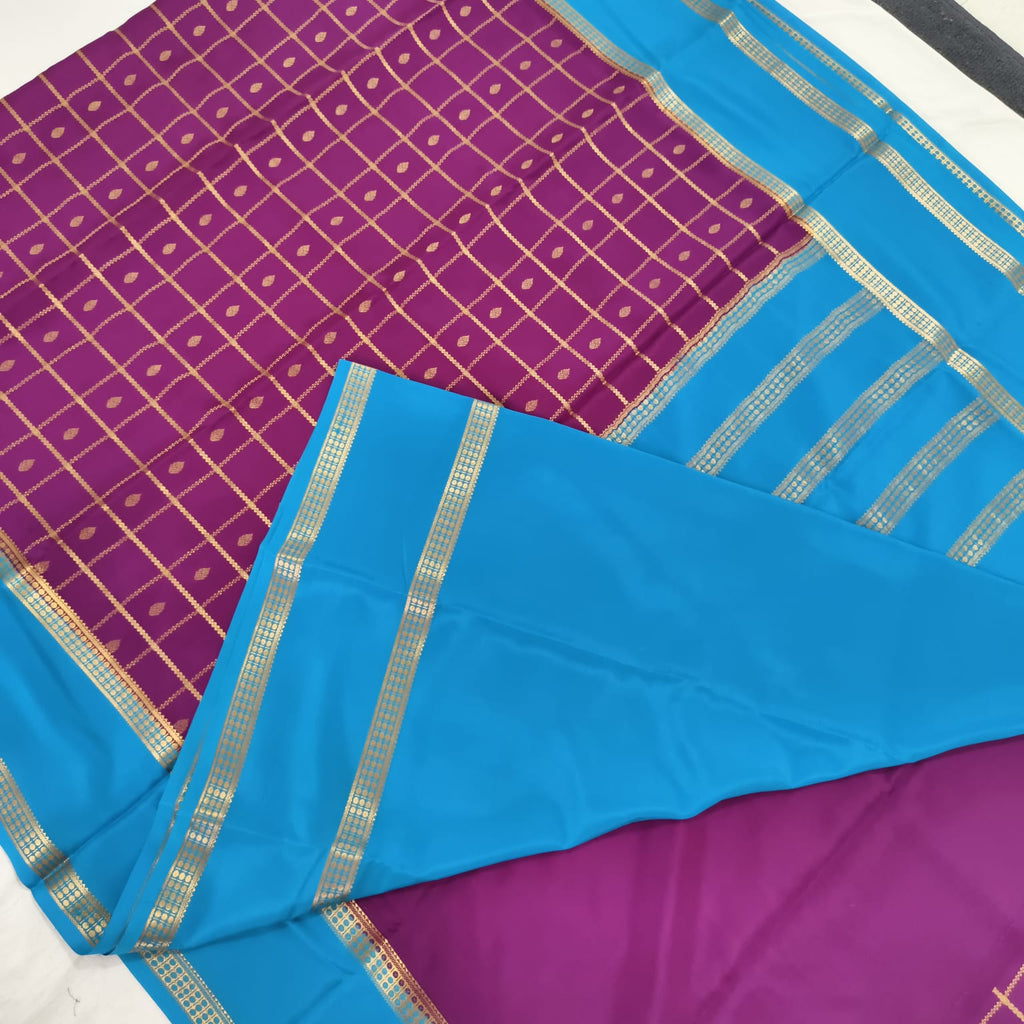Pure Mysore Crepe Silk Saree – Wine with Sky Blue Contrast