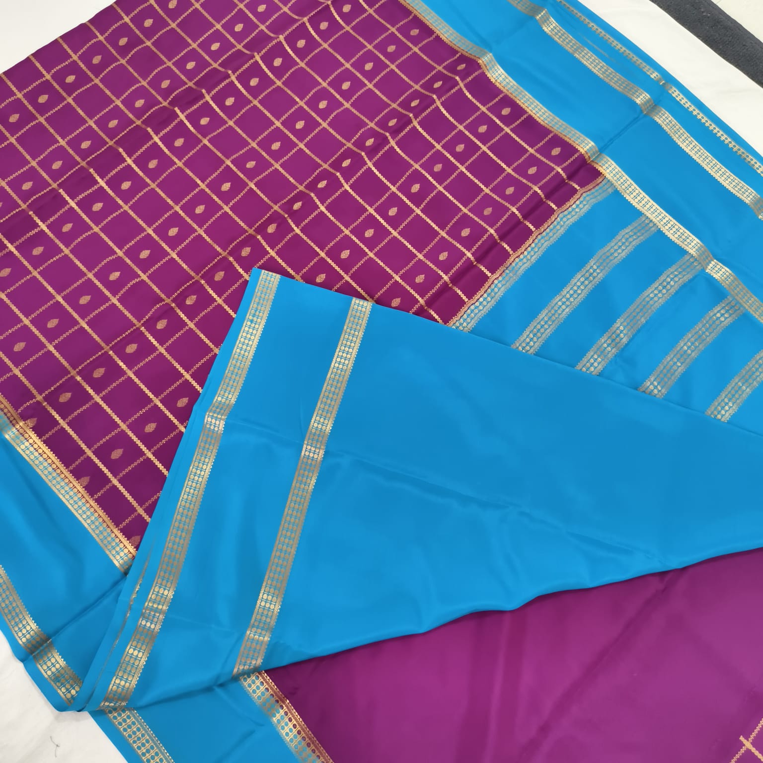 Pure Mysore Crepe Silk Saree – Wine with Sky Blue Contrast