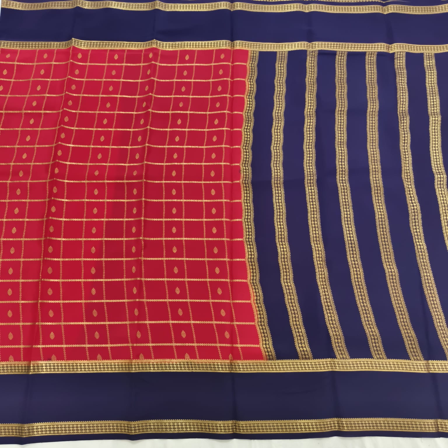 Pure Mysore Crepe Silk Saree – Red with Navy Blue Contrast