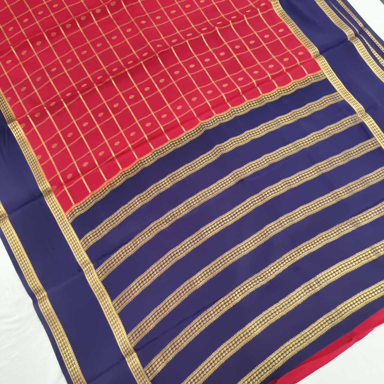 Pure Mysore Crepe Silk Saree – Red with Navy Blue Contrast
