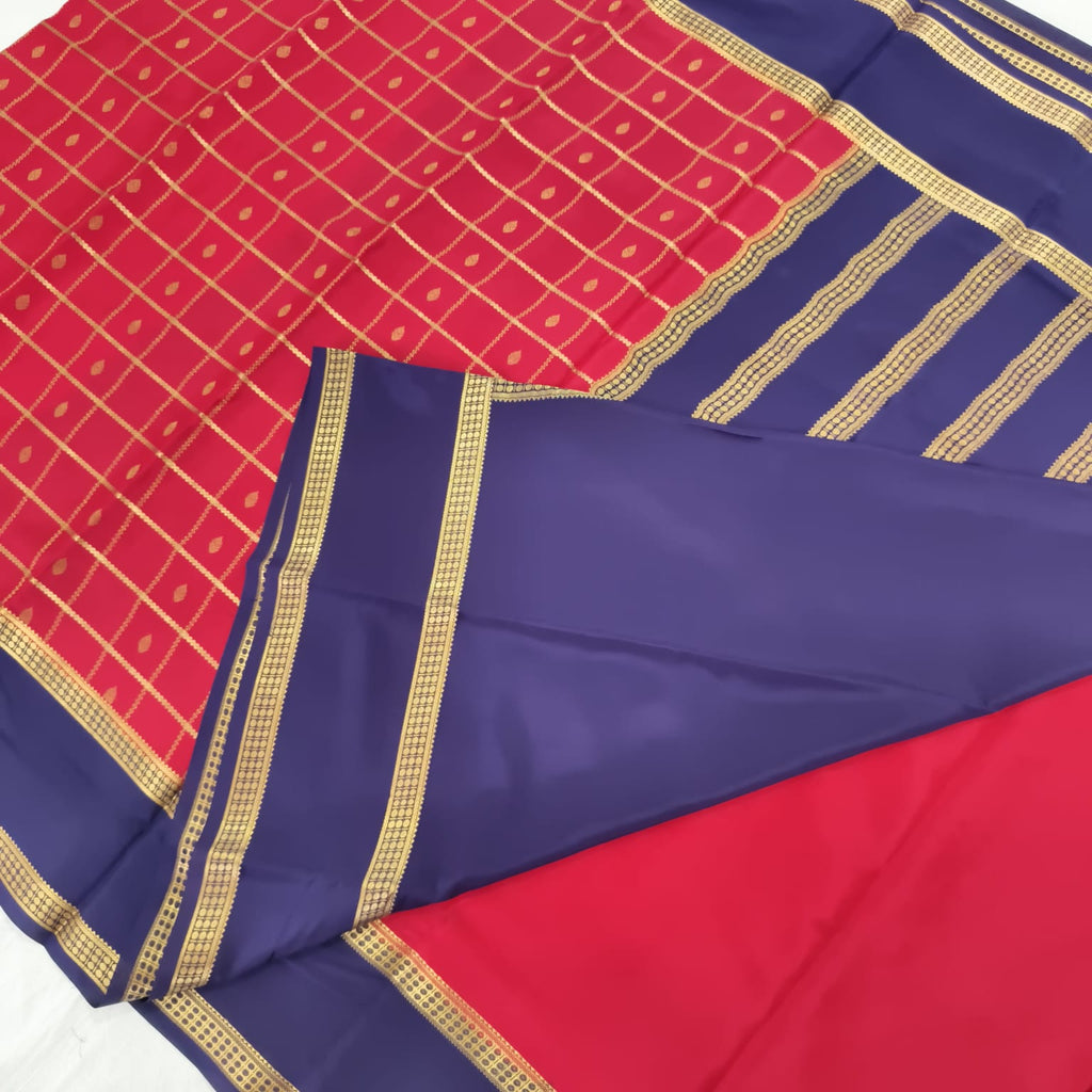 Pure Mysore Crepe Silk Saree – Red with Navy Blue Contrast