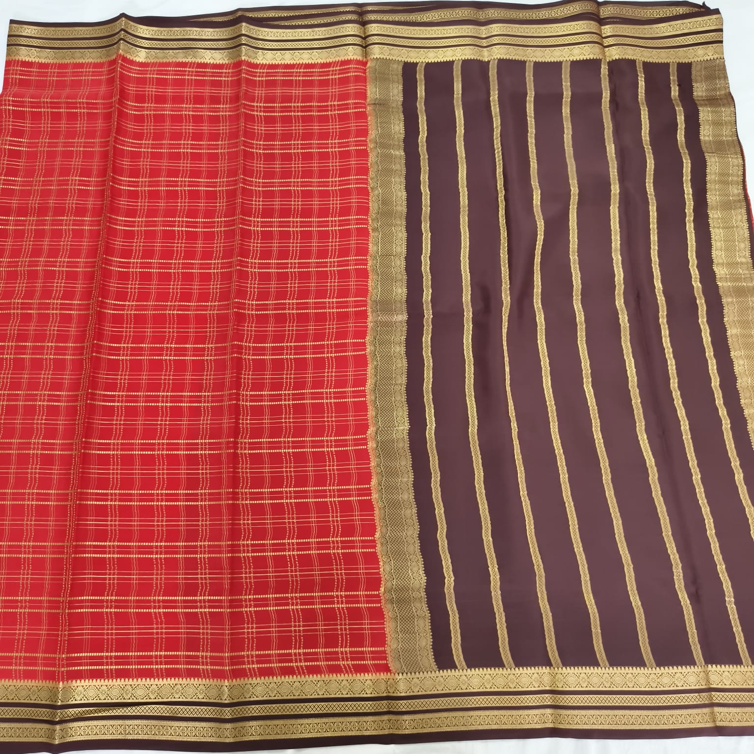 Pure Mysore Crepe Silk Saree – Red with Deep Chocolate Brown Contrast
