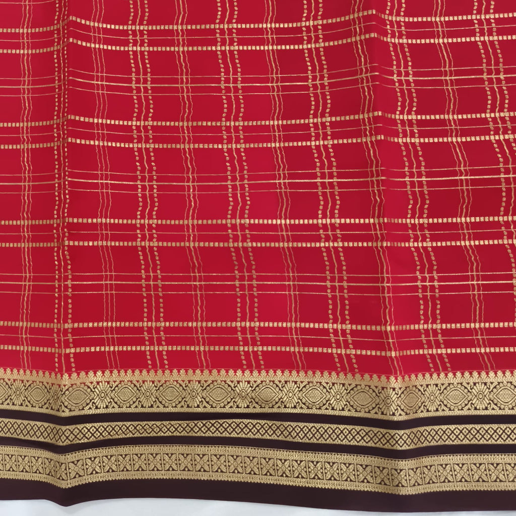 Pure Mysore Crepe Silk Saree – Red with Deep Chocolate Brown Contrast