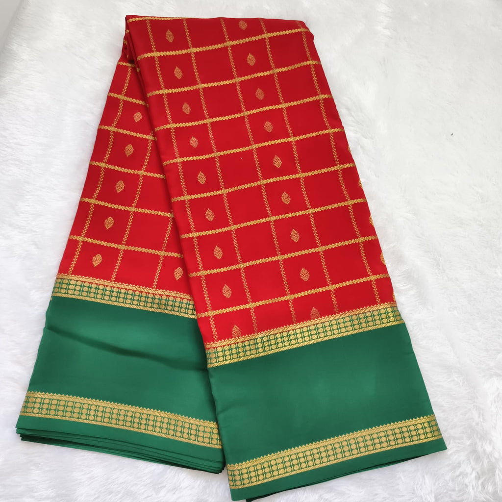 Pure Mysore Crepe Silk Saree – Red with Rama Green Contrast