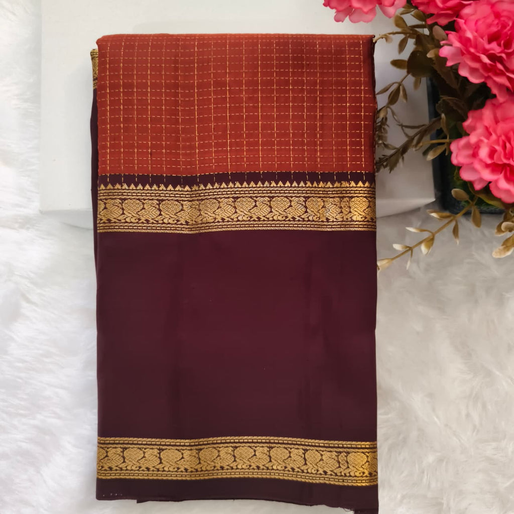 Pure Kanchipuram Silk Saree – Rust Orange and Deep Maroon Contrast with Checks